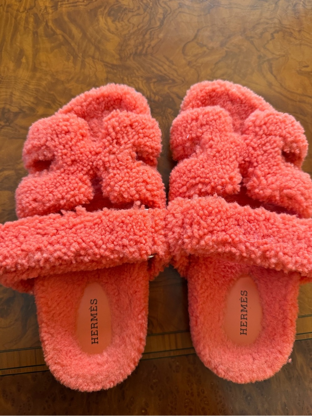 Hermès Coral Orange Shearling Slide - Plush Slip-On